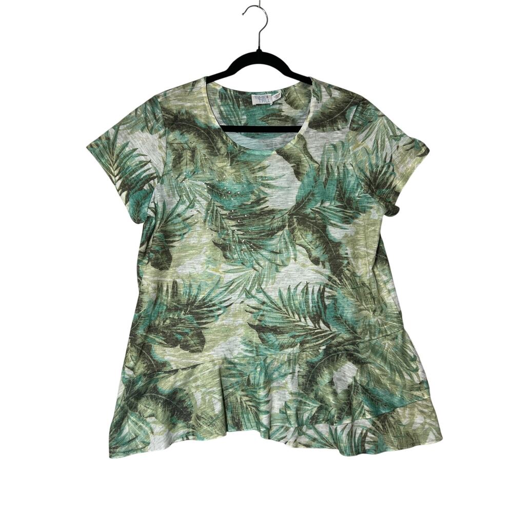 TIME AND TRU Womens Large Green Tropical Leaf Embellished Peplum Top